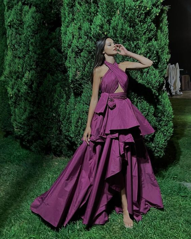 Vestido de noche morado de corte A, vestido de gala morado Y5876