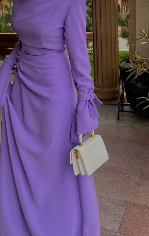 Vestido de fiesta morado modesto con mangas largas, vestido de noche morado de moda Y4857