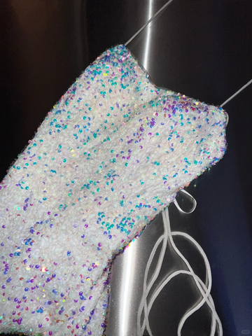 Sparkly White Spaghetti Straps Sequins Prom Dress Mermaid Slit Tassel Evening Dress Y8648