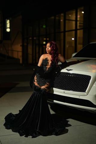 Vestido de fiesta sexy con apliques de encaje, vestido de noche negro estilo sirena Y6497