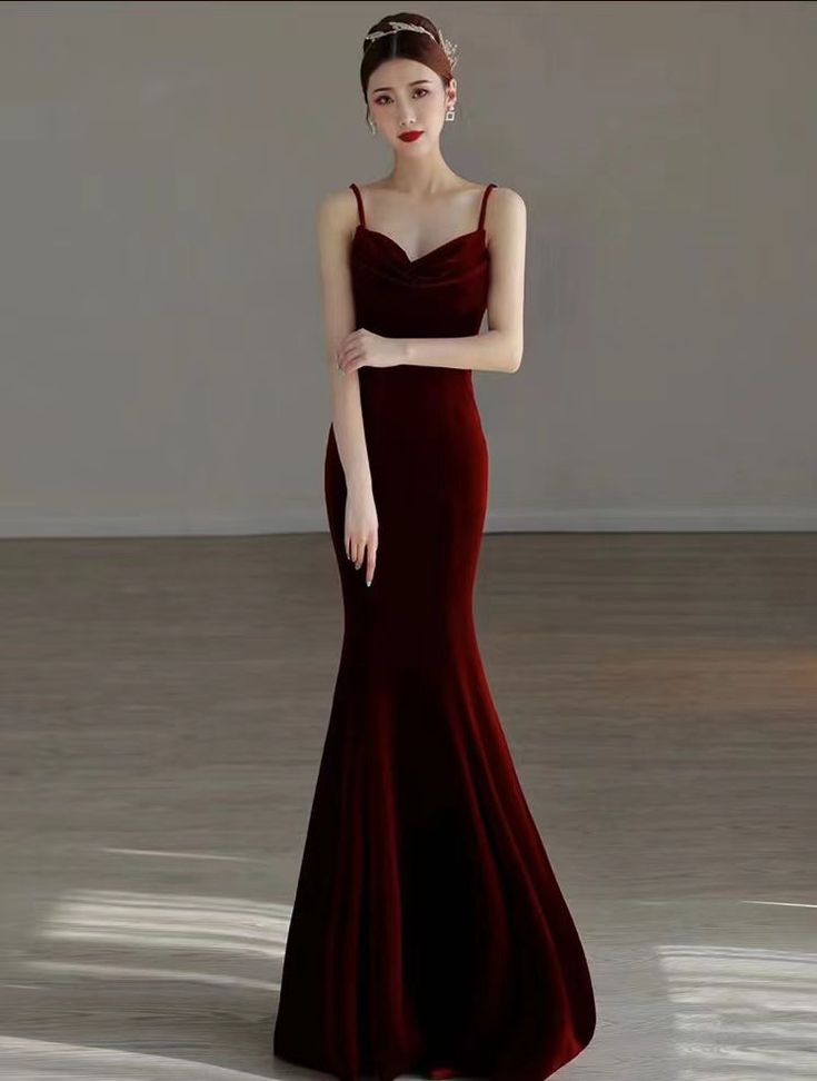 Robe de soirée sirène élégante en velours rouge, robe de bal longue Y7824