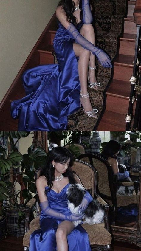 Elegante vestido largo de noche azul satinado, vestido de concurso Y2621