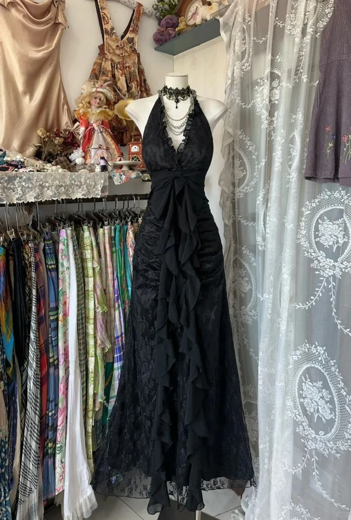 Robe de soirée longue vintage en mousseline noire et dentelle à col en V Y7813