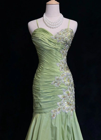 Robe de soirée sirène verte vintage en satin à sequins et perles, bretelles spaghetti, longue robe de bal Y8556