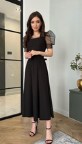 Vestido de noche negro de corte evasé con mangas abullonadas y cuello cuadrado sencillo, estilo sencillo, para mujer Y4558