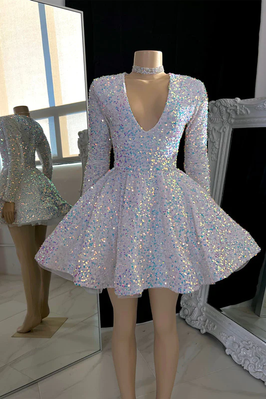 Robe de bal de fin d'études blanche courte à sequins, col en V et coupe trapèze, référence Y1951