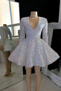 Robe de bal de fin d'études blanche courte à sequins, col en V et coupe trapèze, référence Y1951