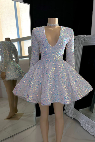 Sparkling V-neck A-line Graduation Dress With Sequins White Short Homecoming Dress Y1951