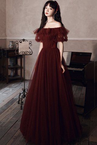 Burgundy Off The Shoulder Tulle Line Prom Dress Evening Dress Y8351