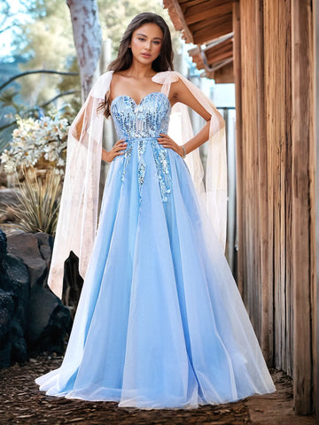 Vestido de graduación con bordado floral 3D y lazo de encaje