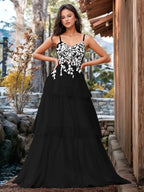 Vestido de fiesta con volantes y vendaje ilusión con bordado floral 3D