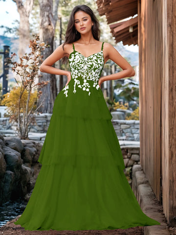 Vestido de fiesta con volantes y vendaje ilusión con bordado floral 3D
