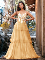 Vestido de fiesta con volantes y vendaje ilusión con bordado floral 3D