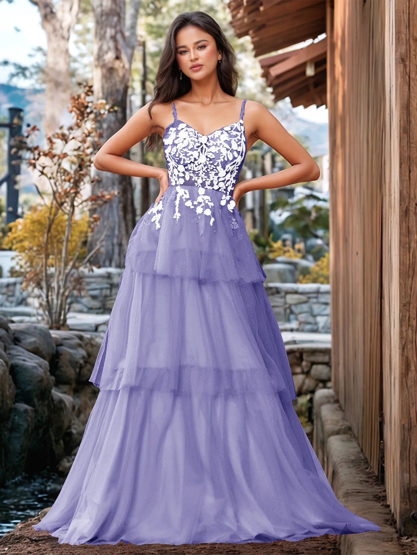 Vestido de fiesta con volantes y vendaje ilusión con bordado floral 3D