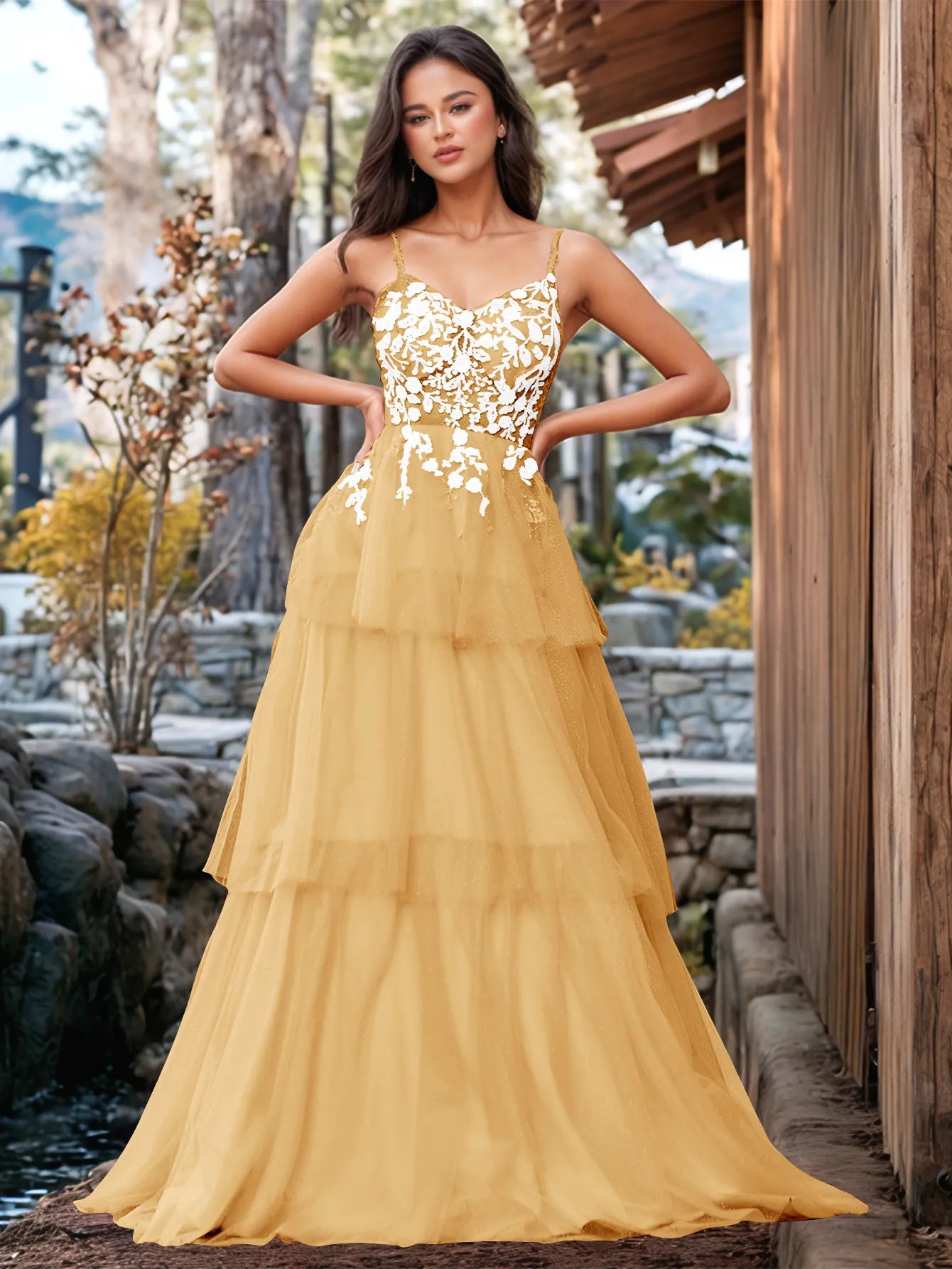 Vestido de fiesta con volantes y vendaje ilusión con bordado floral 3D