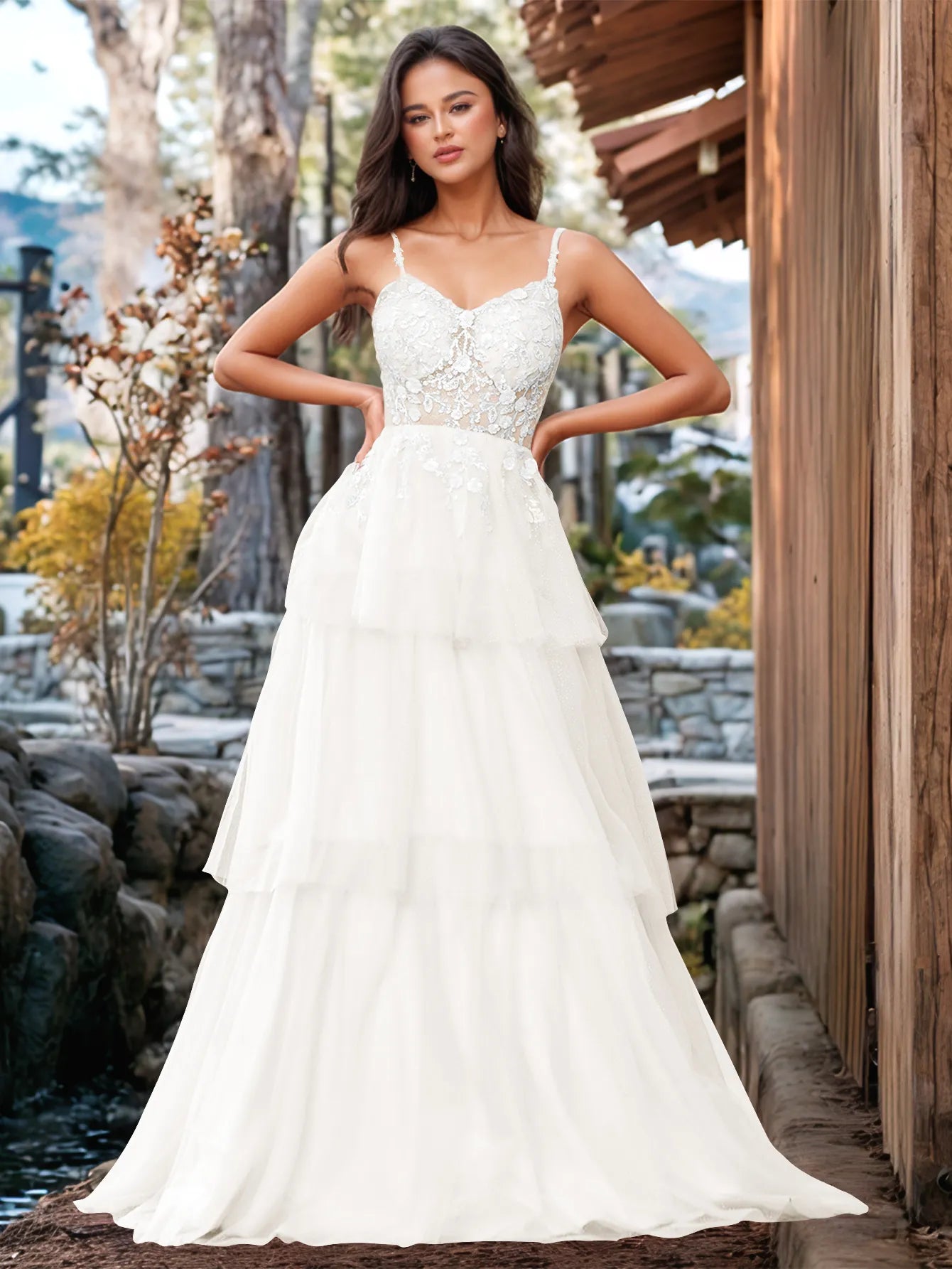 Vestido de fiesta con volantes y vendaje ilusión con bordado floral 3D