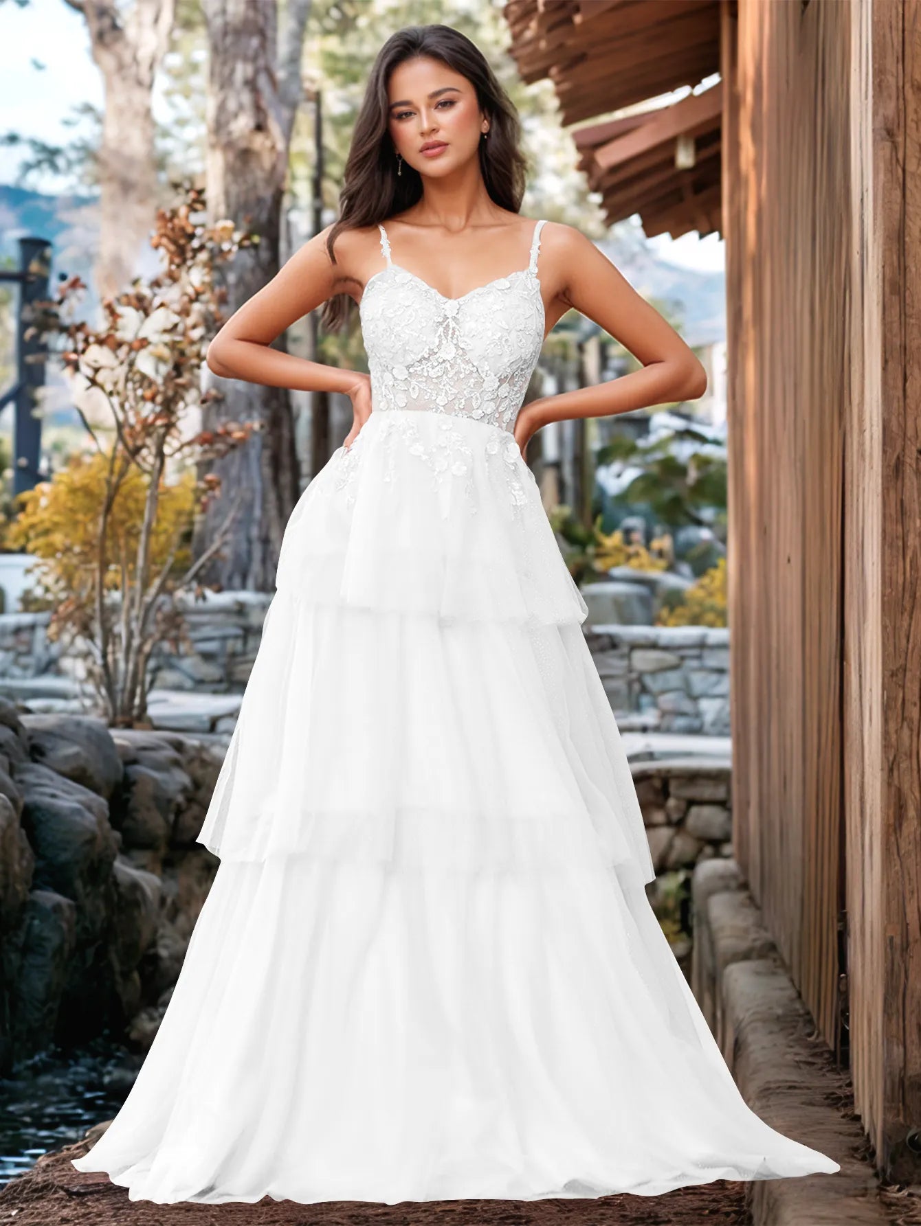 Vestido de fiesta con volantes y vendaje ilusión con bordado floral 3D