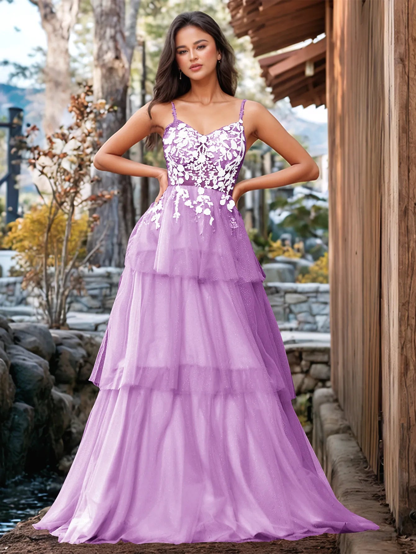 Vestido de fiesta con volantes y vendaje ilusión con bordado floral 3D