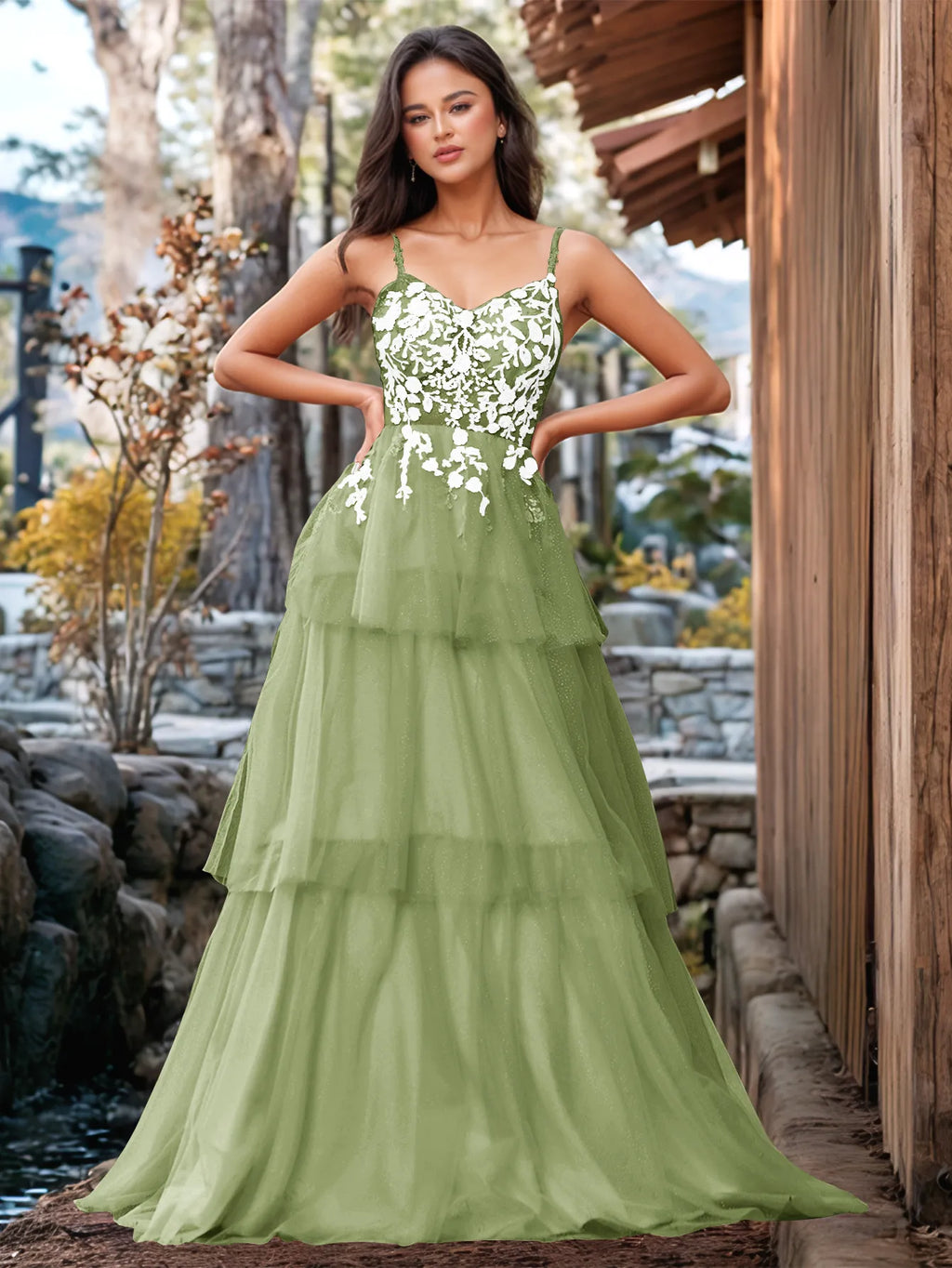 Vestido de fiesta con volantes y vendaje ilusión con bordado floral 3D
