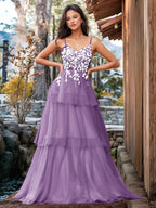 Vestido de fiesta con volantes y vendaje ilusión con bordado floral 3D