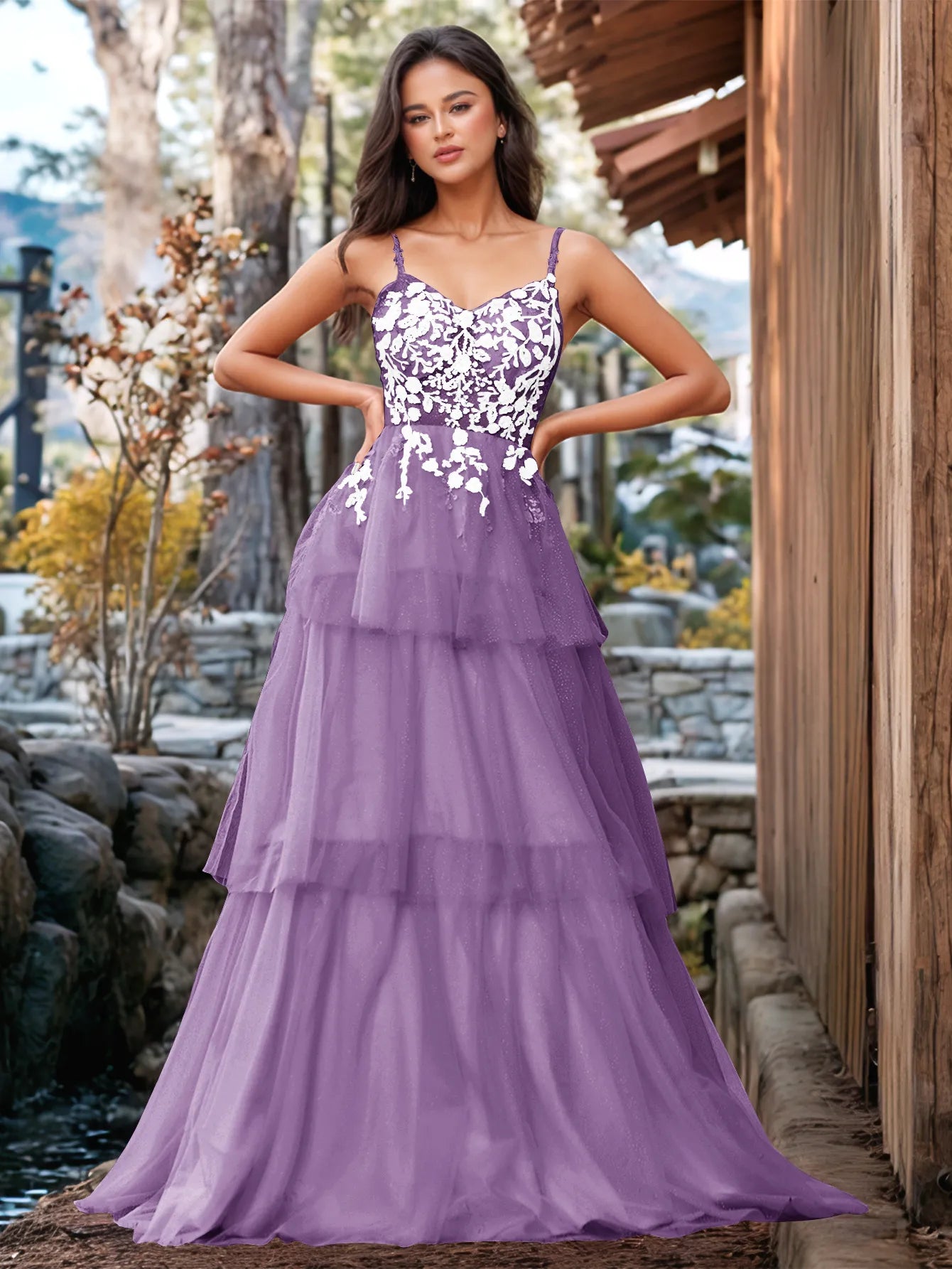 Vestido de fiesta con volantes y vendaje ilusión con bordado floral 3D