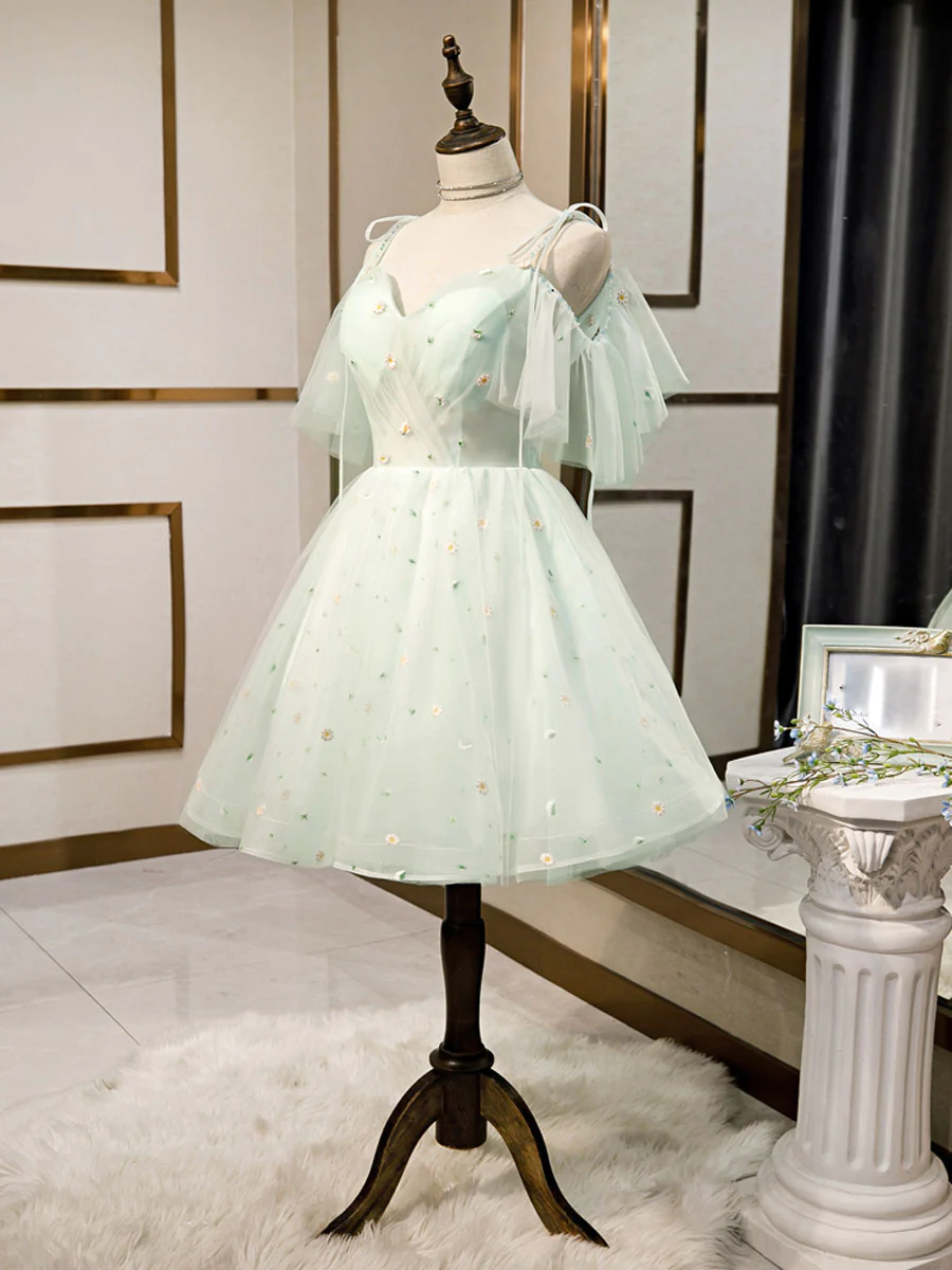 Vestidos cortos de tul con escote corazón sencillo, vestidos verdes abullonados para fiestas de bienvenida Y2409