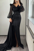 Robe de soirée sirène fendue à sequins, col en V, manches longues et volants Y5554