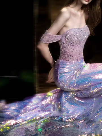 Glitter Off Shoulder Beaded Sequin Mermaid Prom Purple Formal Evening Gown Y8182