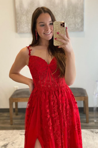 Robe de bal longue rouge en tulle et dentelle, col en V et fente haute, robe de soirée rouge en dentelle, robe de cérémonie rouge Y217