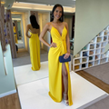 Vestido de fiesta de satén corte A, sexy, con escote en V, tirantes finos y abertura alta Y5302