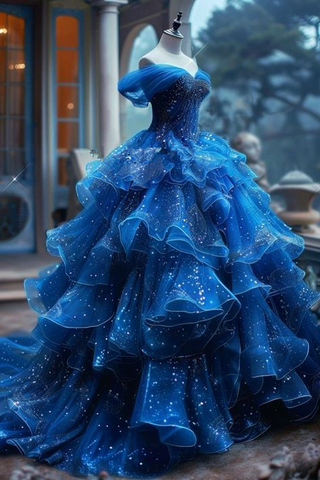 Fairytale Blue Sequins Tulle Ruffles A Line Ball Gown,Off The Shoulder Birthday Prom Dress Y8521
