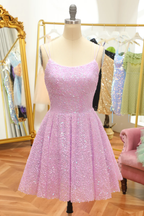 Vestido de fiesta de bienvenida con lentejuelas lilas, corte en A y cordones Y2994