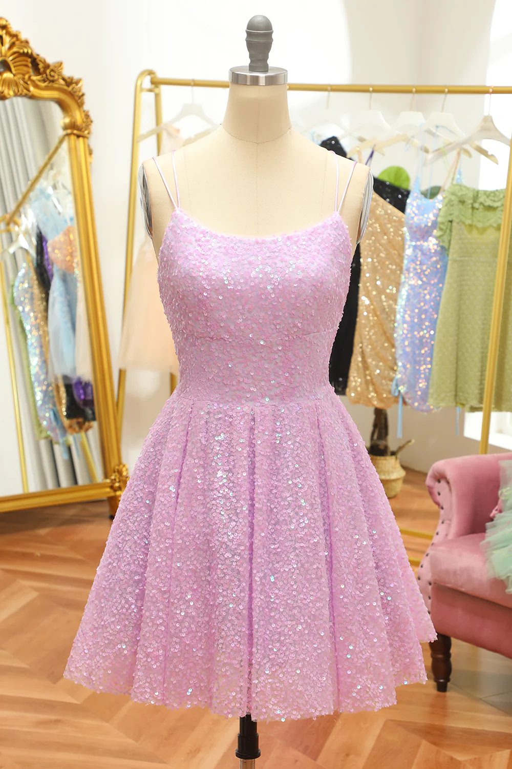 Vestido de fiesta de bienvenida con lentejuelas lilas, corte en A y cordones Y2994