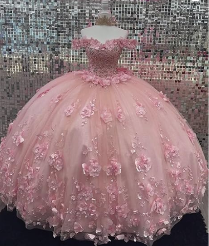 Vestido de quinceañera rosa con hombros descubiertos, corsé y apliques 3D Y6791