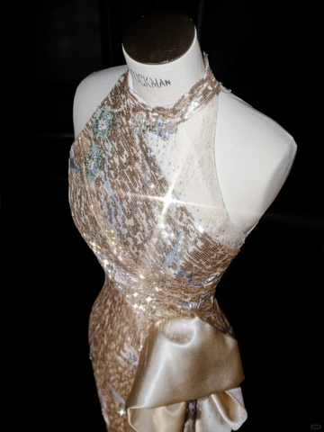 Vestido de fiesta de noche largo con lentejuelas doradas champán brillantes Y8653