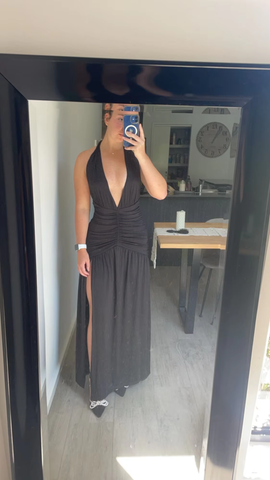 Sexy Halter Backless Brown A Line Slit Prom Dress Deep V Evening Dress Y8481