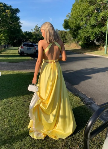 Modest Yellow Satin Long Evening Dresses with Side Slit Formal Party Dress Y5217