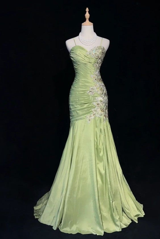 Robe de soirée sirène verte vintage en satin à sequins et perles, bretelles spaghetti, longue robe de bal Y8556