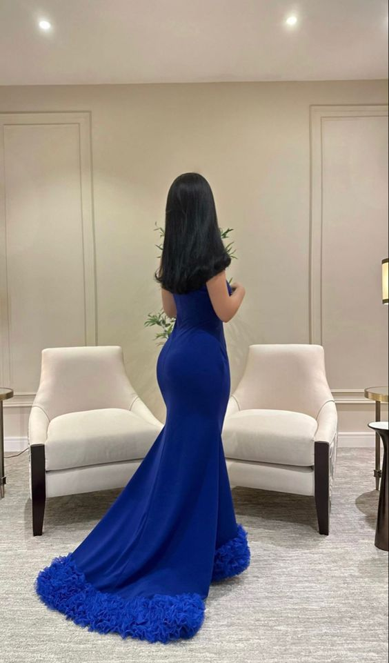 Elegante vestido de noche azul de sirena, vestido formal azul Y6397