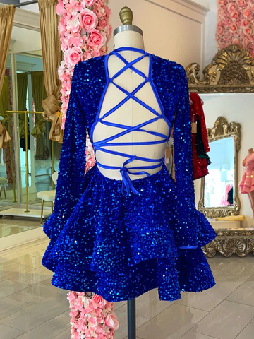 Vestido de fiesta azul real con lentejuelas, sin espalda, modelo Y2152