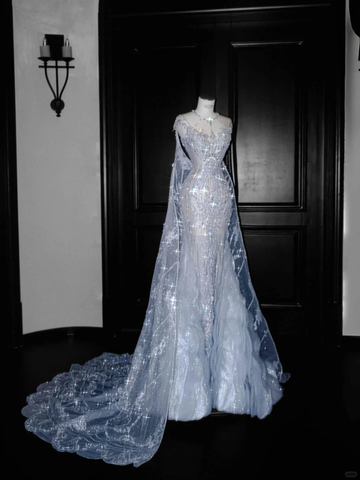 Classy Blue Tulle Beaded Mermaid Prom Dress,Formal Evening Dress Wedding Dress Y8655