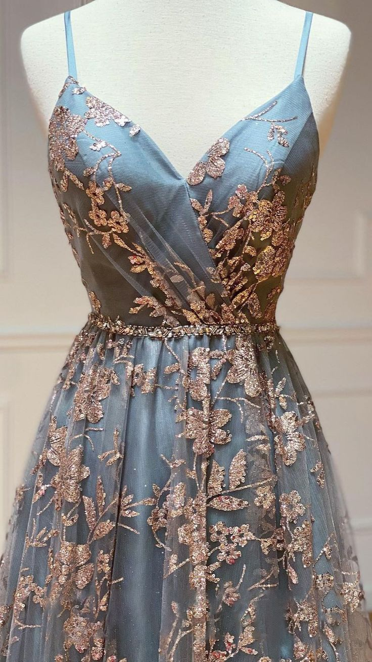 Vestido largo de fiesta de tul con lentejuelas, escote en V y espalda descubierta, corte en A, modelo Y5620
