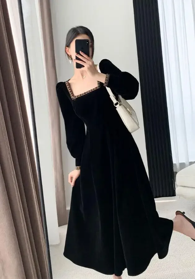 Robe en velours pour femme, manches longues, col carré, élégante, moulante, patchwork, robe de soirée tendance Y6744