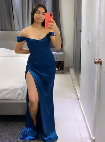 Simple Lilac Off The Shoulder Satin Evening Dress Slit Mermaid Prom Dress Y8309