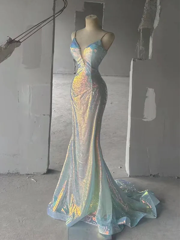 Robe de bal longue sirène à bretelles spaghetti et sequins, dos nu et décolleté en V, Y7804
