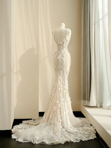 Classy Tulle Lace Appliques Mermaid Prom Evening Dress,Long Wedding Dress Y8681