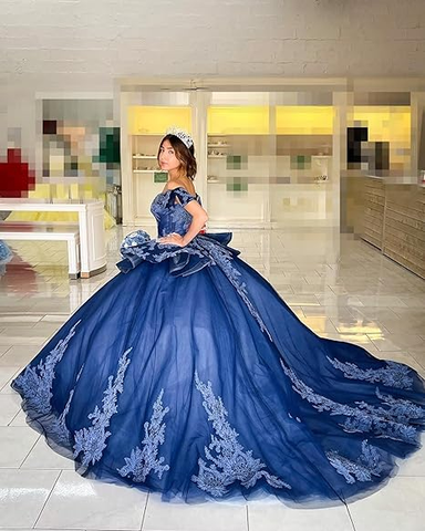 Vestido de quinceañera azul marino con hombros descubiertos, tul y encaje, vestido de baile azul marino para quinceañera Y2985
