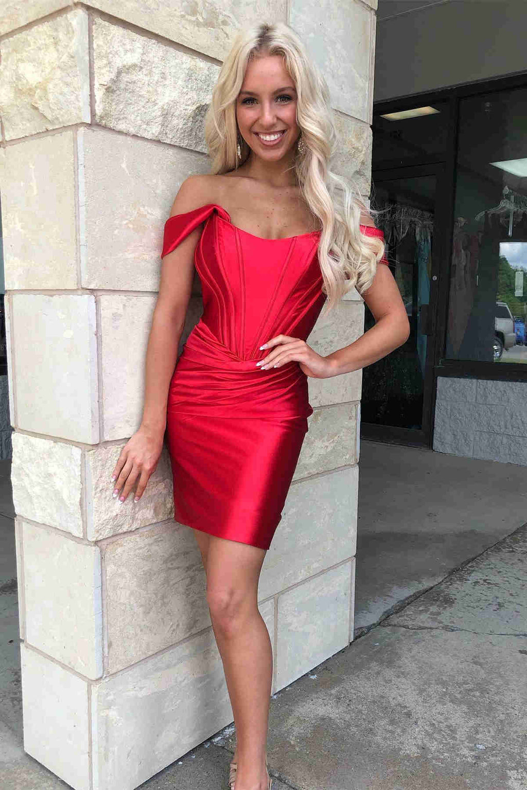 Sheath Off the Shoulder Satin Homecoming Dress