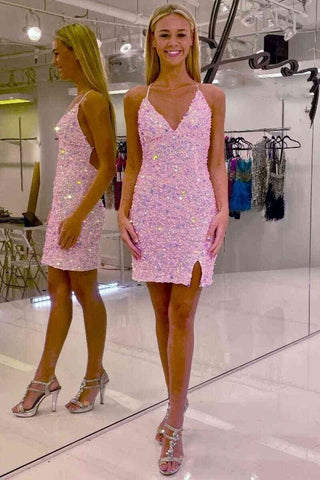 Robe fourreau à sequins et col en V pour le bal de promo