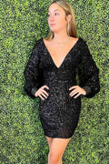Sheath V-Neck Long Sleeves Sequins Homecoming Dress